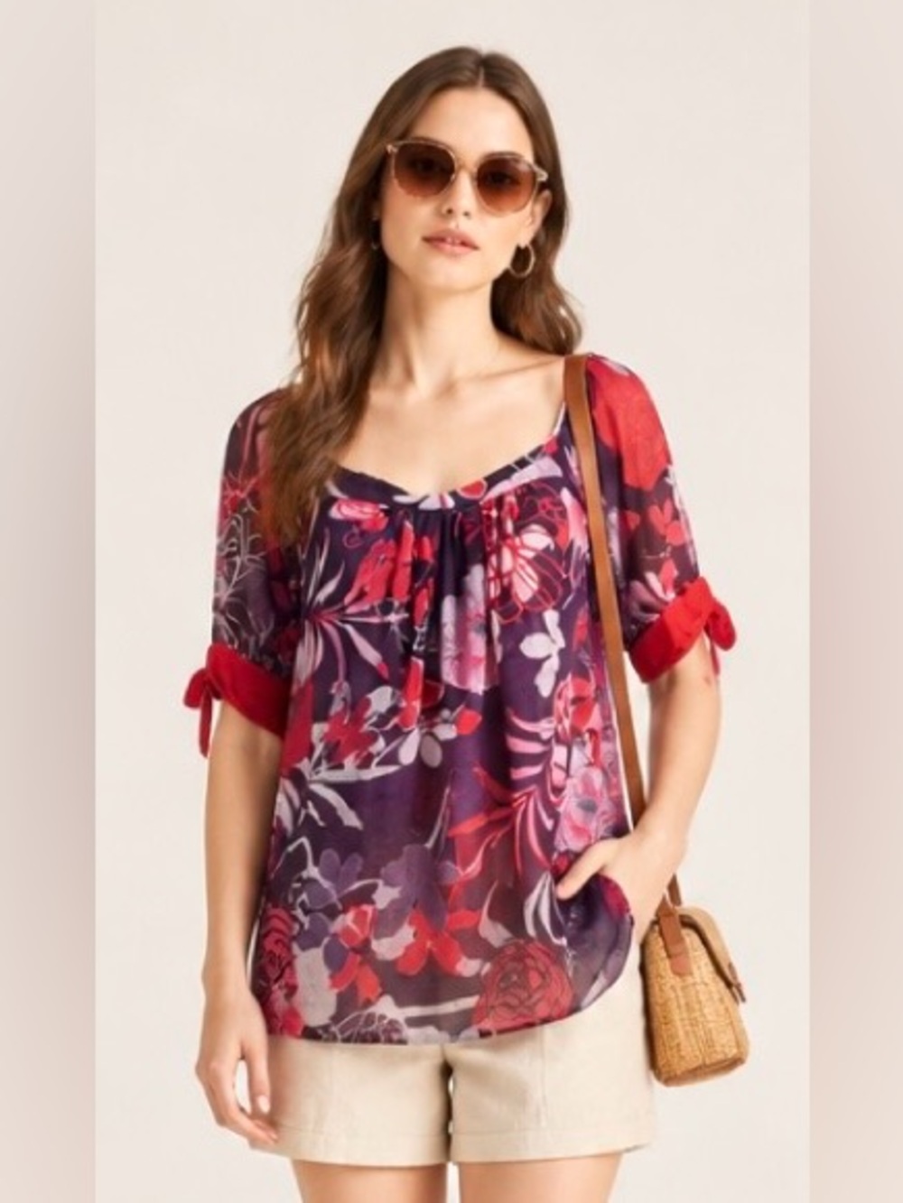 SWEET PEA By Stacy Frati Anthropologie Mesh Top Scoop Neck Tie Floral Pink